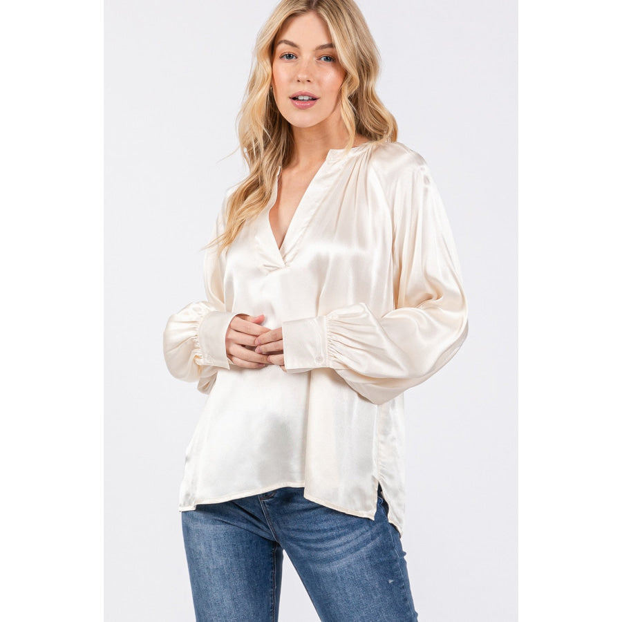 SAGE + FIG Notched Long Sleeve Blouse Apparel and Accessories