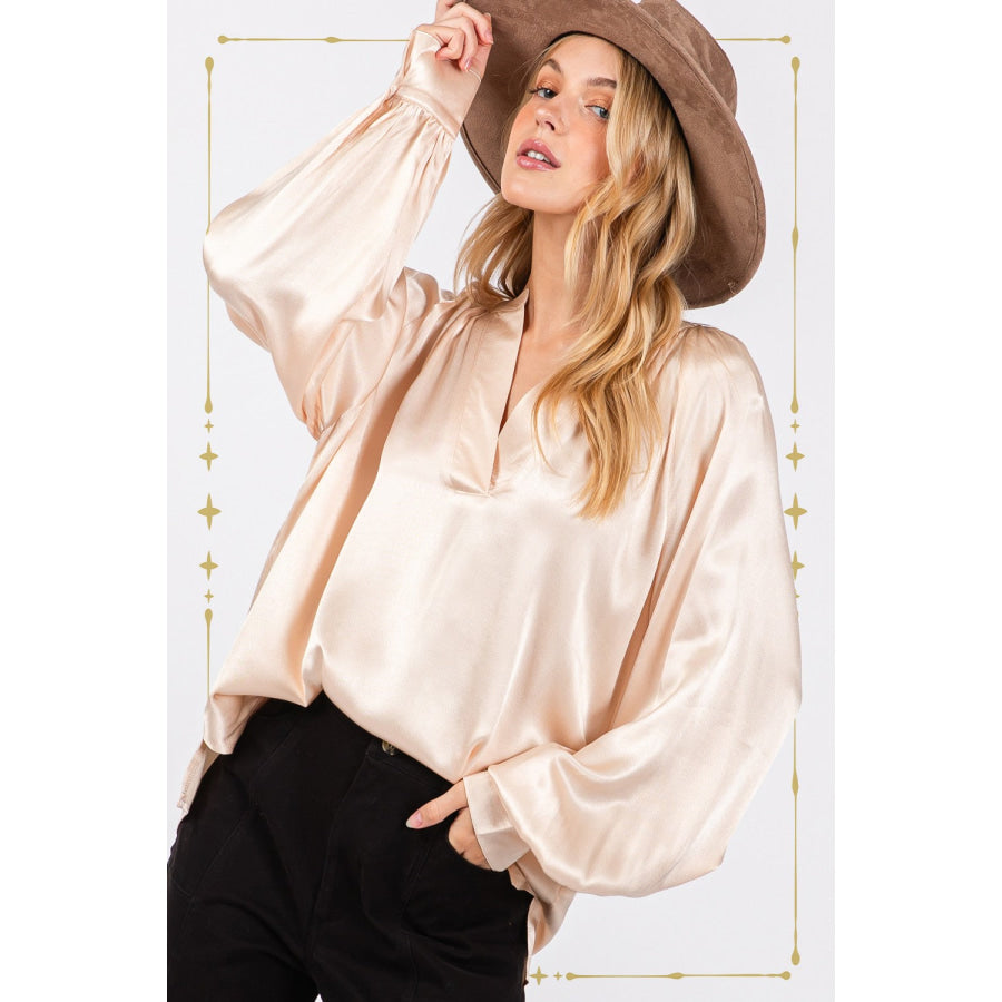 SAGE + FIG Notched Long Sleeve Blouse Apparel and Accessories