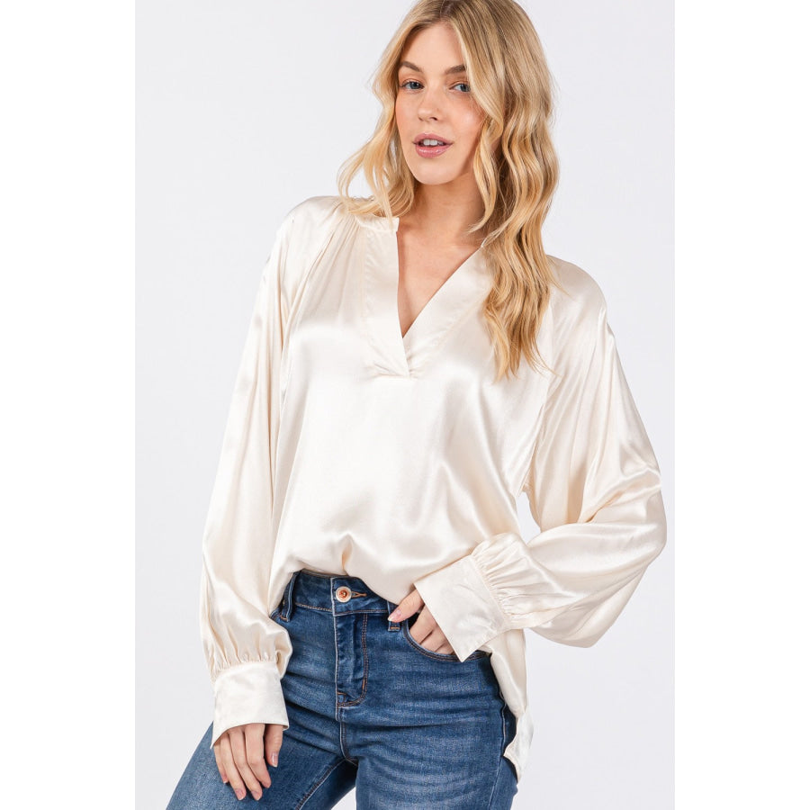 SAGE + FIG Notched Long Sleeve Blouse Apparel and Accessories