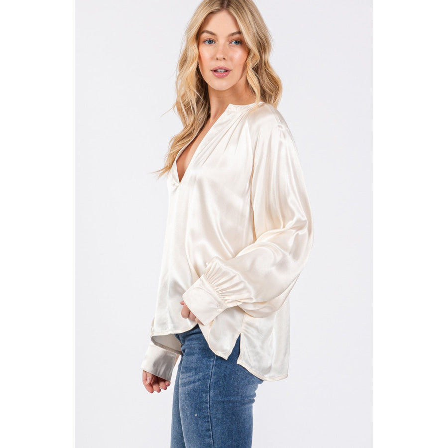 SAGE + FIG Notched Long Sleeve Blouse Apparel and Accessories