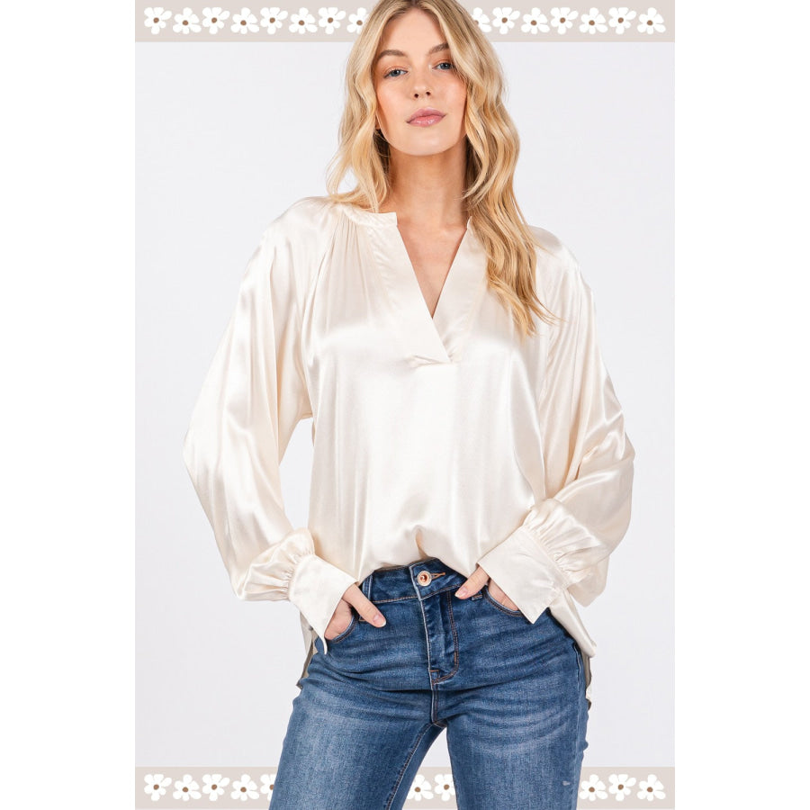 SAGE + FIG Notched Long Sleeve Blouse Apparel and Accessories