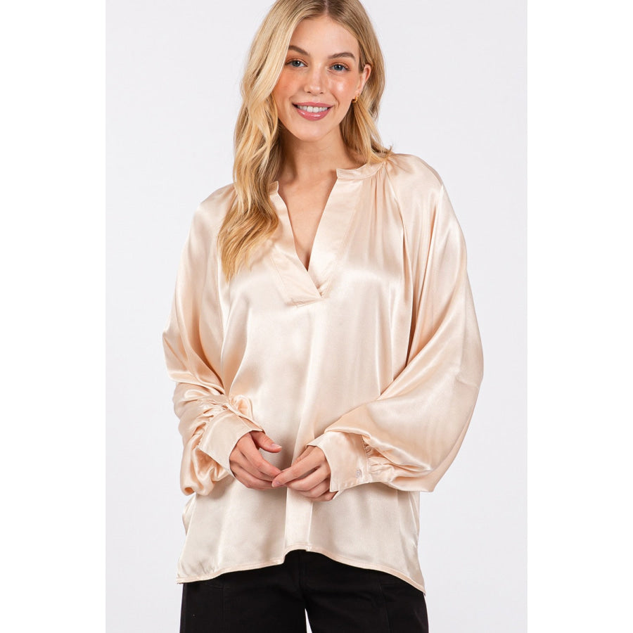 SAGE + FIG Notched Long Sleeve Blouse Apparel and Accessories