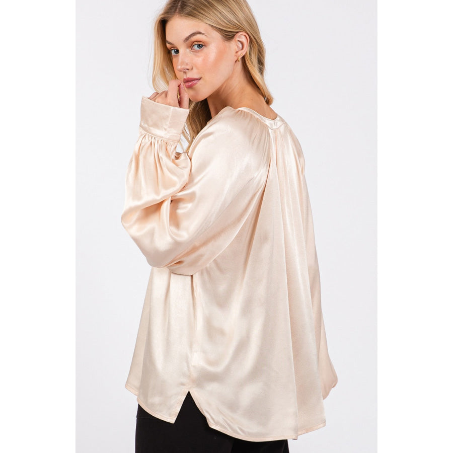 SAGE + FIG Notched Long Sleeve Blouse Champagne / S Apparel and Accessories