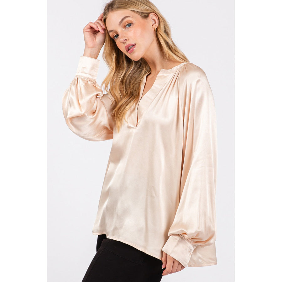 SAGE + FIG Notched Long Sleeve Blouse Apparel and Accessories