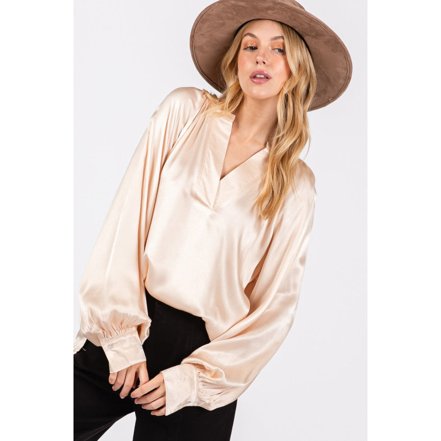 SAGE + FIG Notched Long Sleeve Blouse Champagne / S Apparel and Accessories