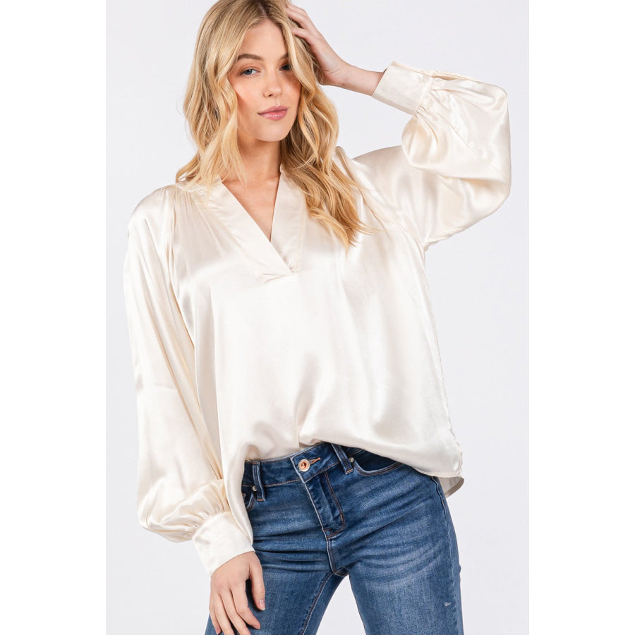 SAGE + FIG Notched Long Sleeve Blouse Ivory / S Apparel and Accessories