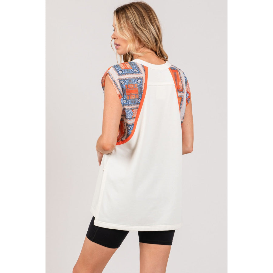 SAGE + FIG Patch Print Side Slit Sleeveless Top Orange / S Apparel and Accessories