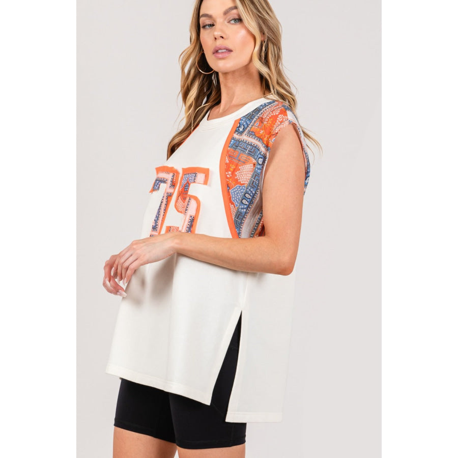 SAGE + FIG Patch Print Side Slit Sleeveless Top Apparel and Accessories