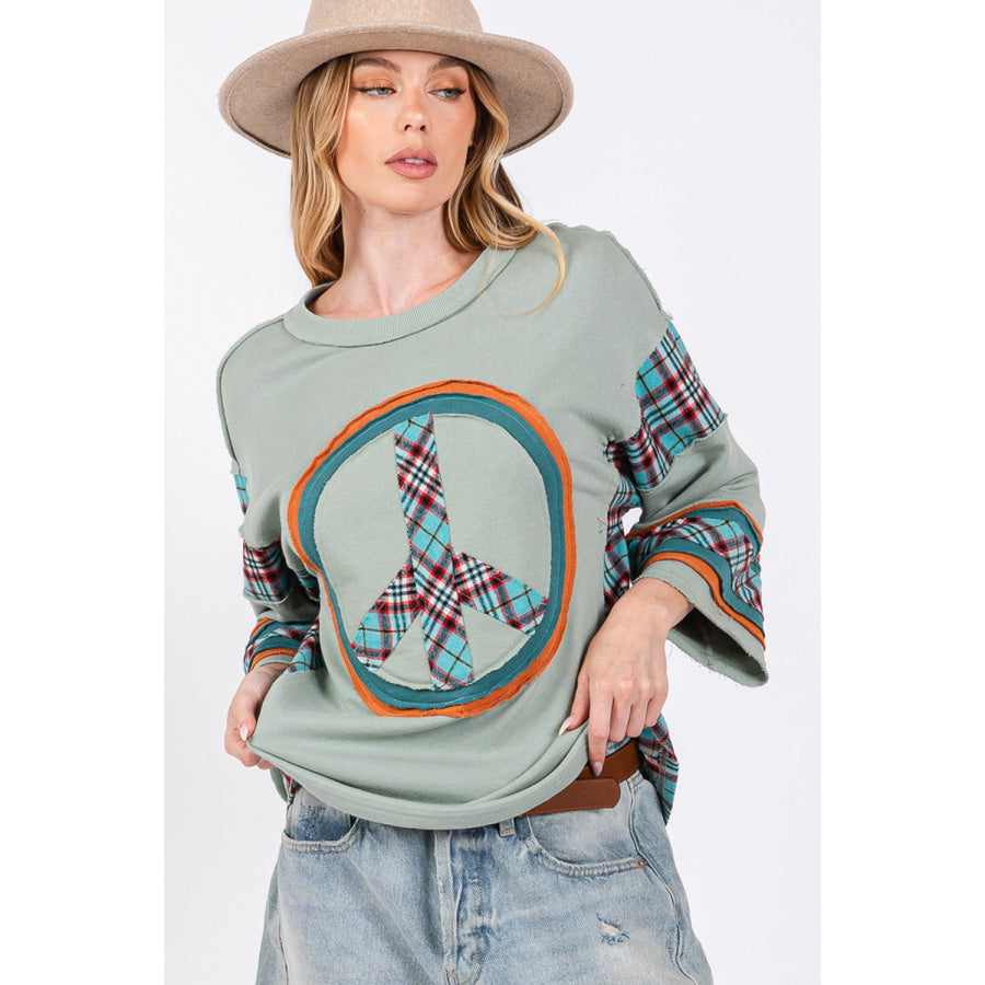 SAGE + FIG Peace Applique Patch Contrast Plaid Top Apparel and Accessories