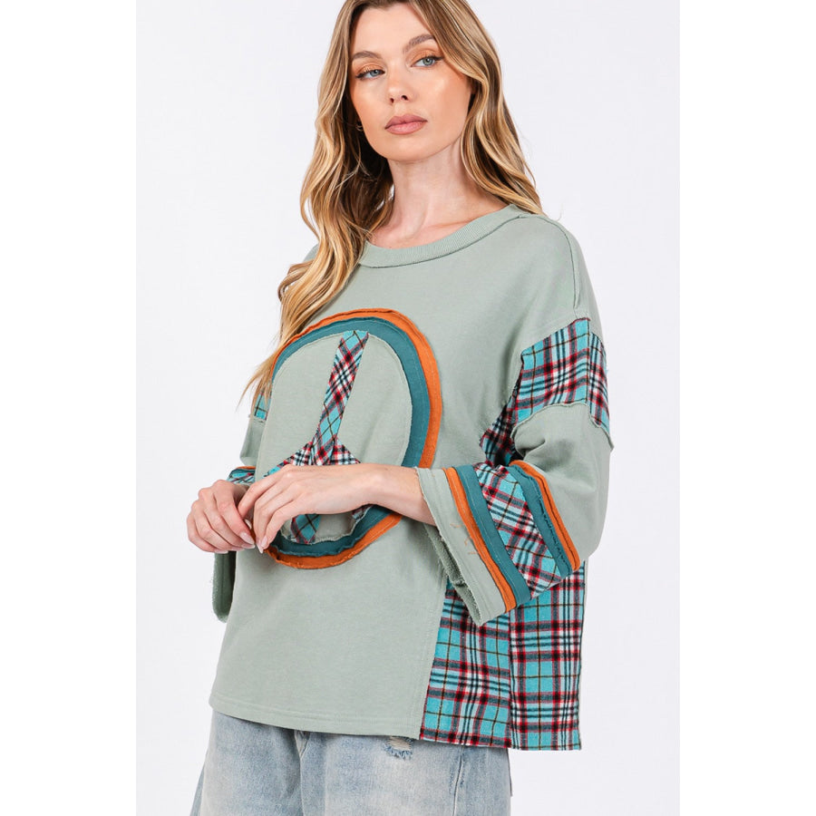 SAGE + FIG Peace Applique Patch Contrast Plaid Top Apparel and Accessories