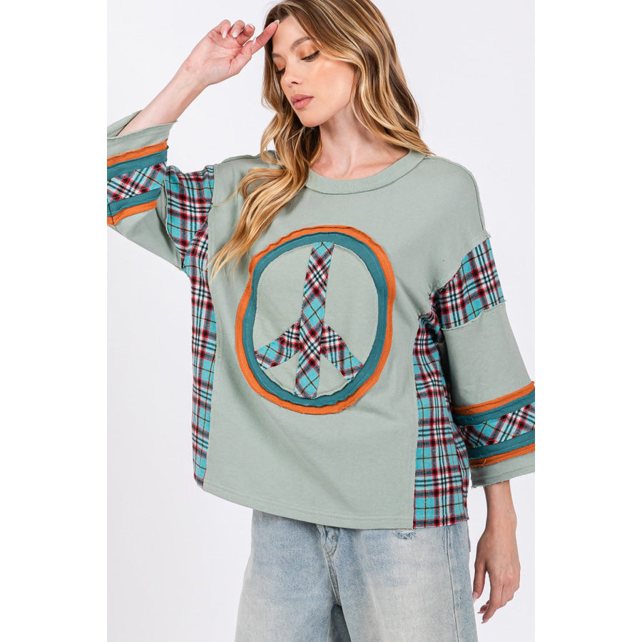 SAGE + FIG Peace Applique Patch Contrast Plaid Top Apparel and Accessories