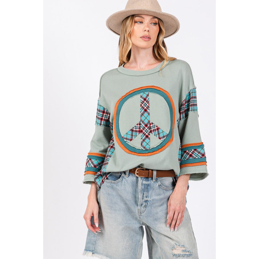 SAGE + FIG Peace Applique Patch Contrast Plaid Top Apparel and Accessories