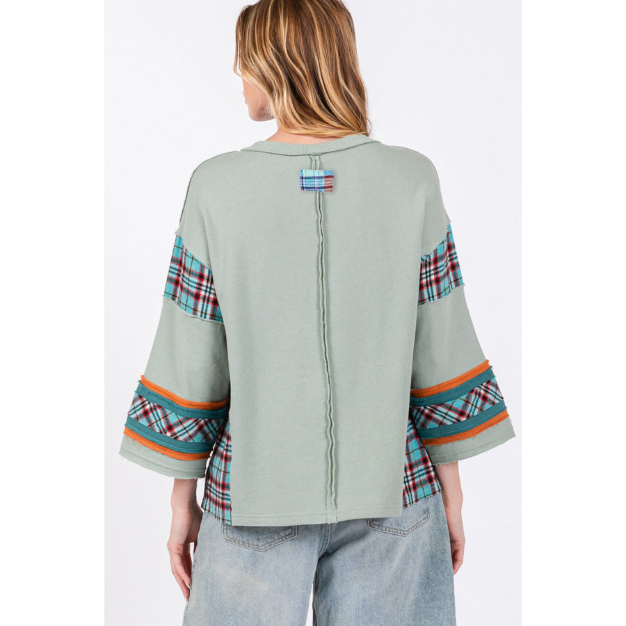 SAGE + FIG Peace Applique Patch Contrast Plaid Top Apparel and Accessories