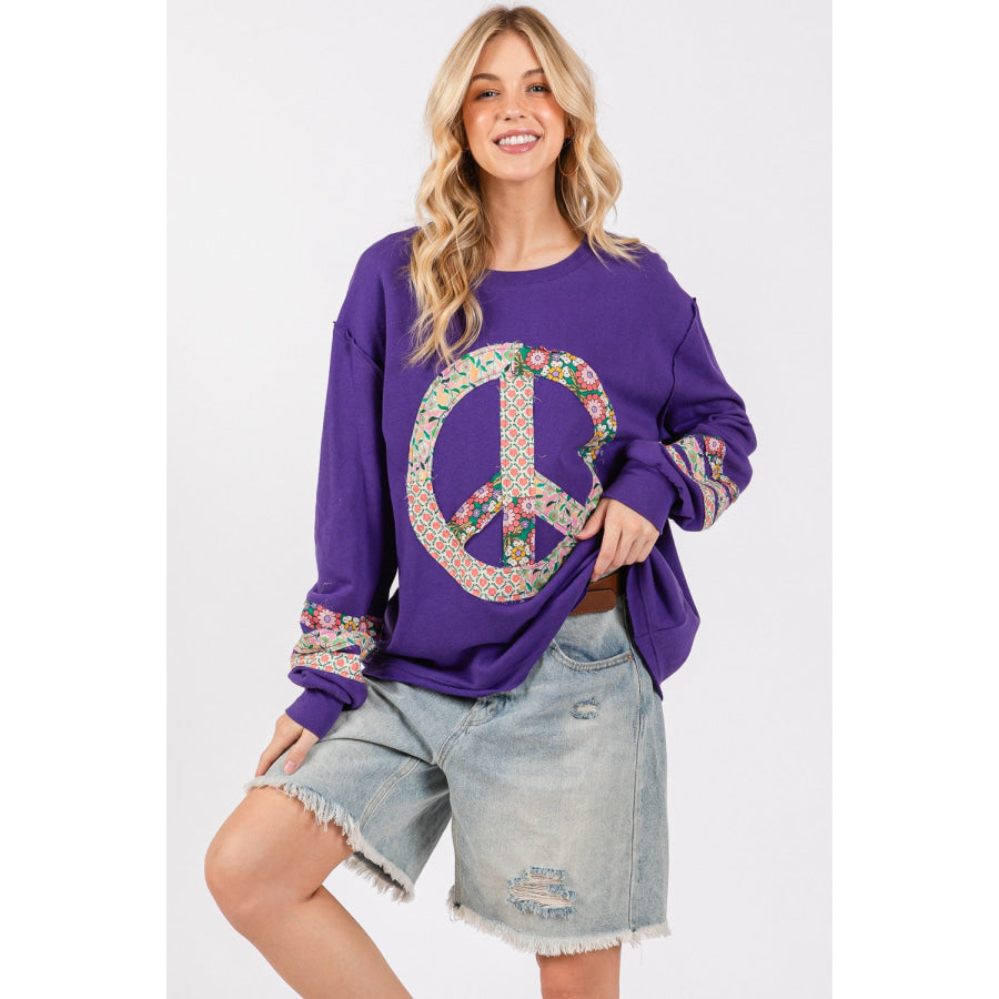 SAGE + FIG Peace Applique Patch Long Sleeve Top Blueberry / S Apparel and Accessories