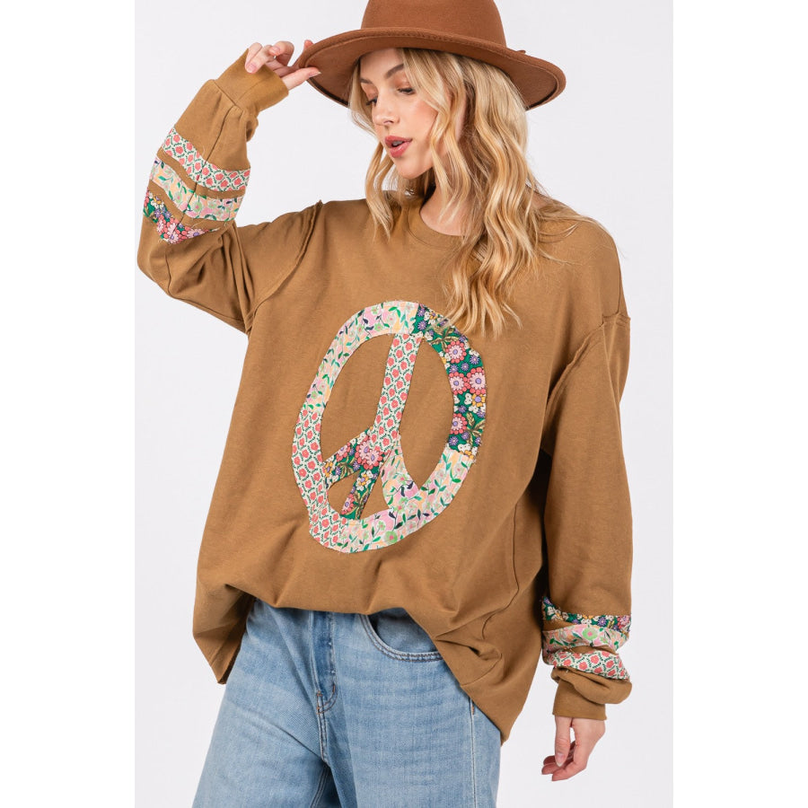 SAGE + FIG Peace Applique Patch Long Sleeve Top Bronze / S Apparel and Accessories