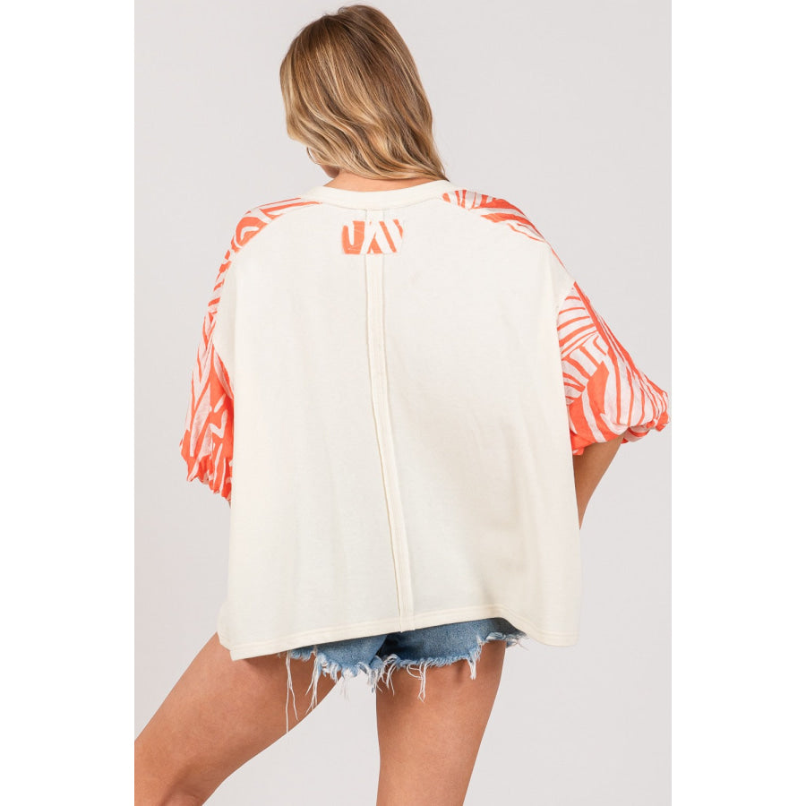 SAGE + FIG Peace Applique Patch with Zebra Print Contrast Top Tangerine / S Apparel and Accessories