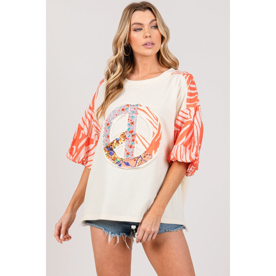 SAGE + FIG Peace Applique Patch with Zebra Print Contrast Top Tangerine / S Apparel and Accessories