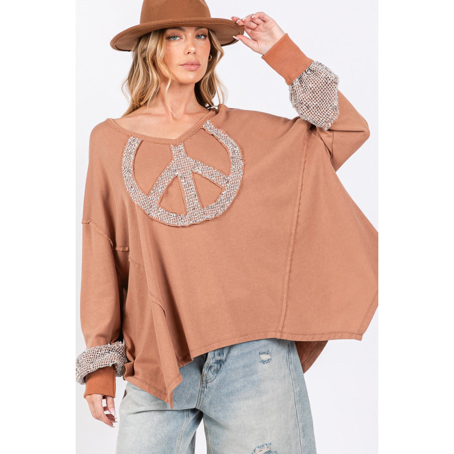 SAGE + FIG Peace Sign Mineral Wash Terry Top Camel / S Apparel and Accessories