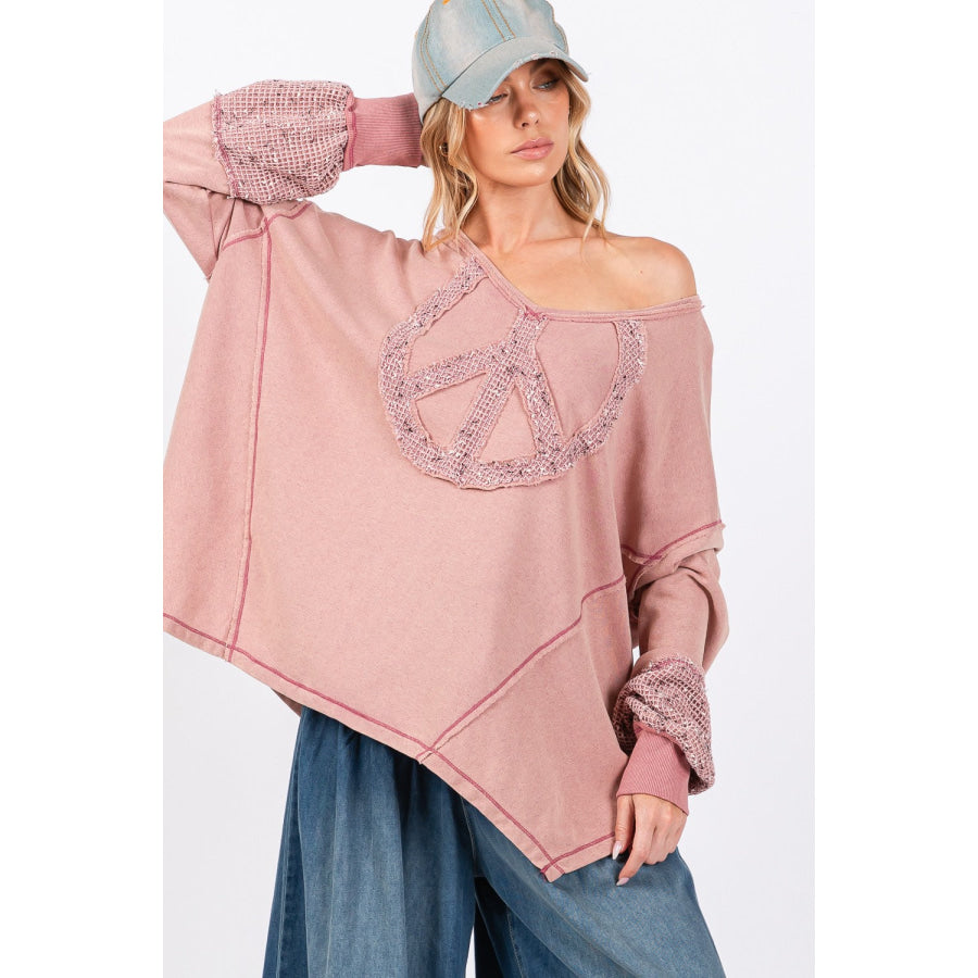 SAGE + FIG Peace Sign Mineral Wash Terry Top Mauve / S Apparel and Accessories