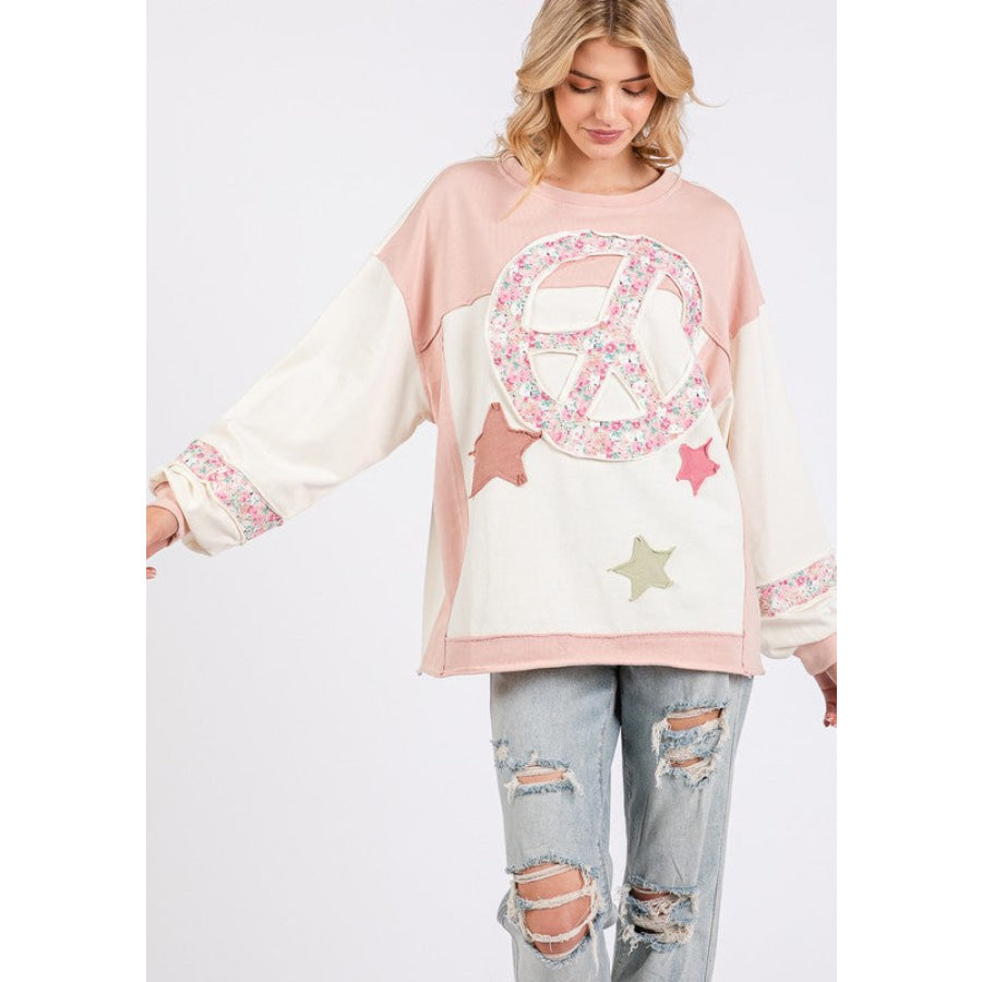 SAGE + FIG Peace &amp; Star Patch Contrast Round Neck Sweatshirt Apparel and Accessories