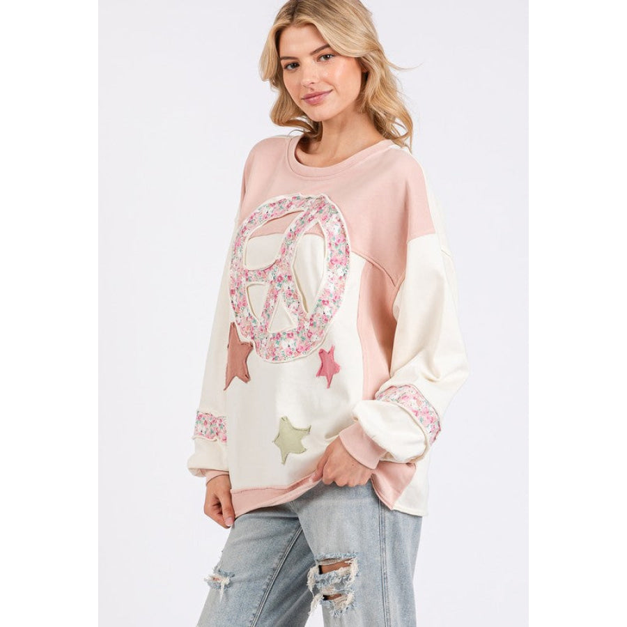 SAGE + FIG Peace &amp; Star Patch Contrast Round Neck Sweatshirt Apparel and Accessories