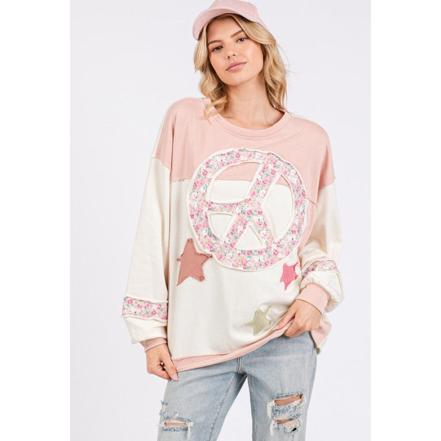 SAGE + FIG Peace &amp; Star Patch Contrast Round Neck Sweatshirt Apparel and Accessories