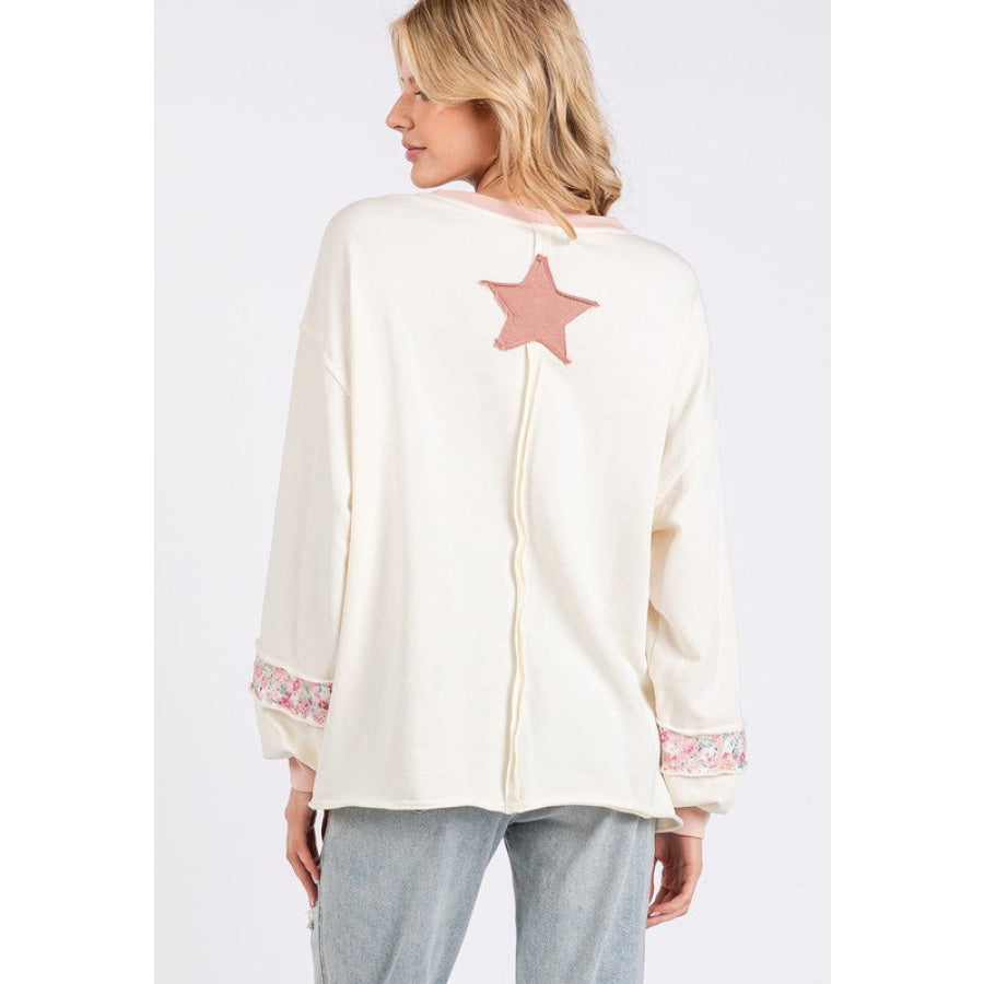 SAGE + FIG Peace & Star Patch Contrast Round Neck Sweatshirt Blush Pink / S Apparel and Accessories