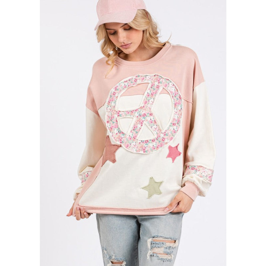 SAGE + FIG Peace &amp; Star Patch Contrast Round Neck Sweatshirt Blush Pink / S Apparel and Accessories