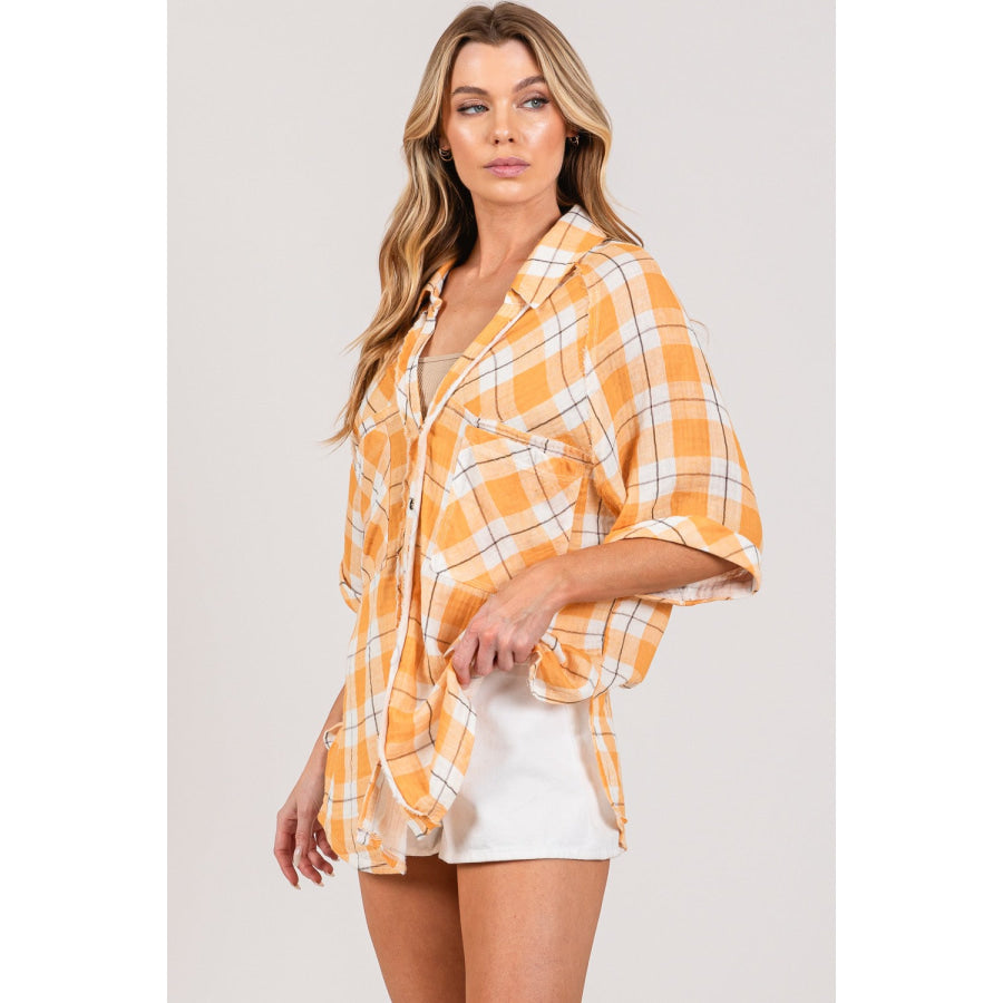 SAGE + FIG Plaid Button Up Side Slit Shirt Apparel and Accessories