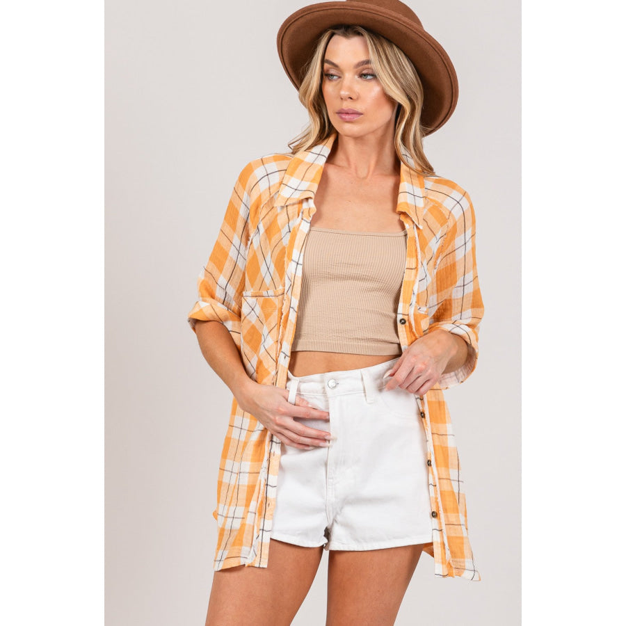 SAGE + FIG Plaid Button Up Side Slit Shirt Apparel and Accessories