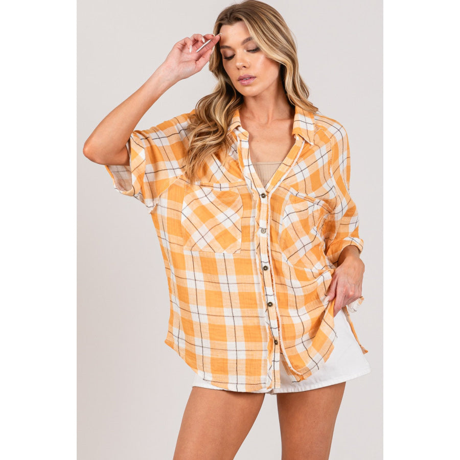 SAGE + FIG Plaid Button Up Side Slit Shirt Apparel and Accessories