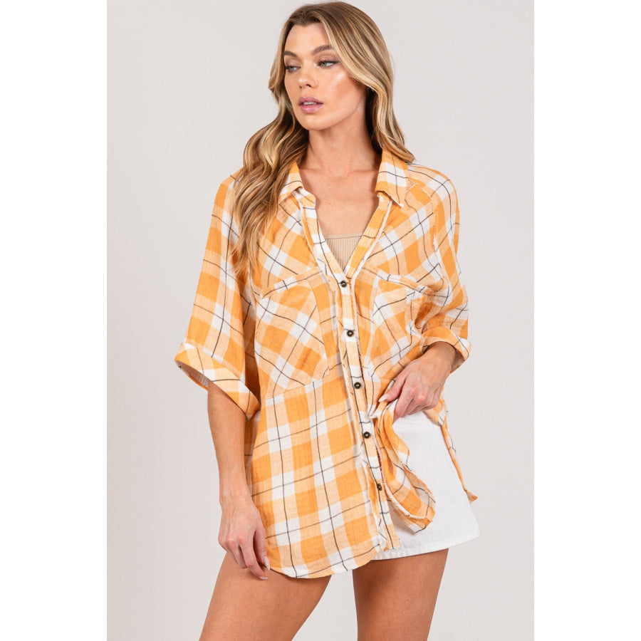 SAGE + FIG Plaid Button Up Side Slit Shirt Apparel and Accessories