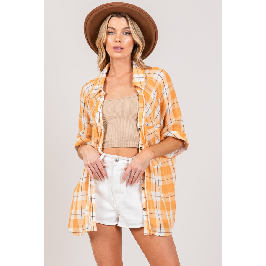 SAGE + FIG Plaid Button Up Side Slit Shirt APRICOT / S Apparel and Accessories