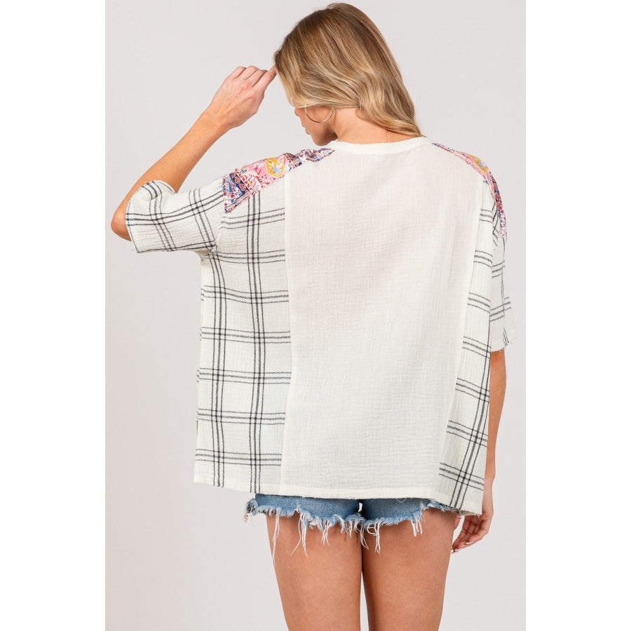 SAGE + FIG Plaid Half Button Gauze Top Apparel and Accessories