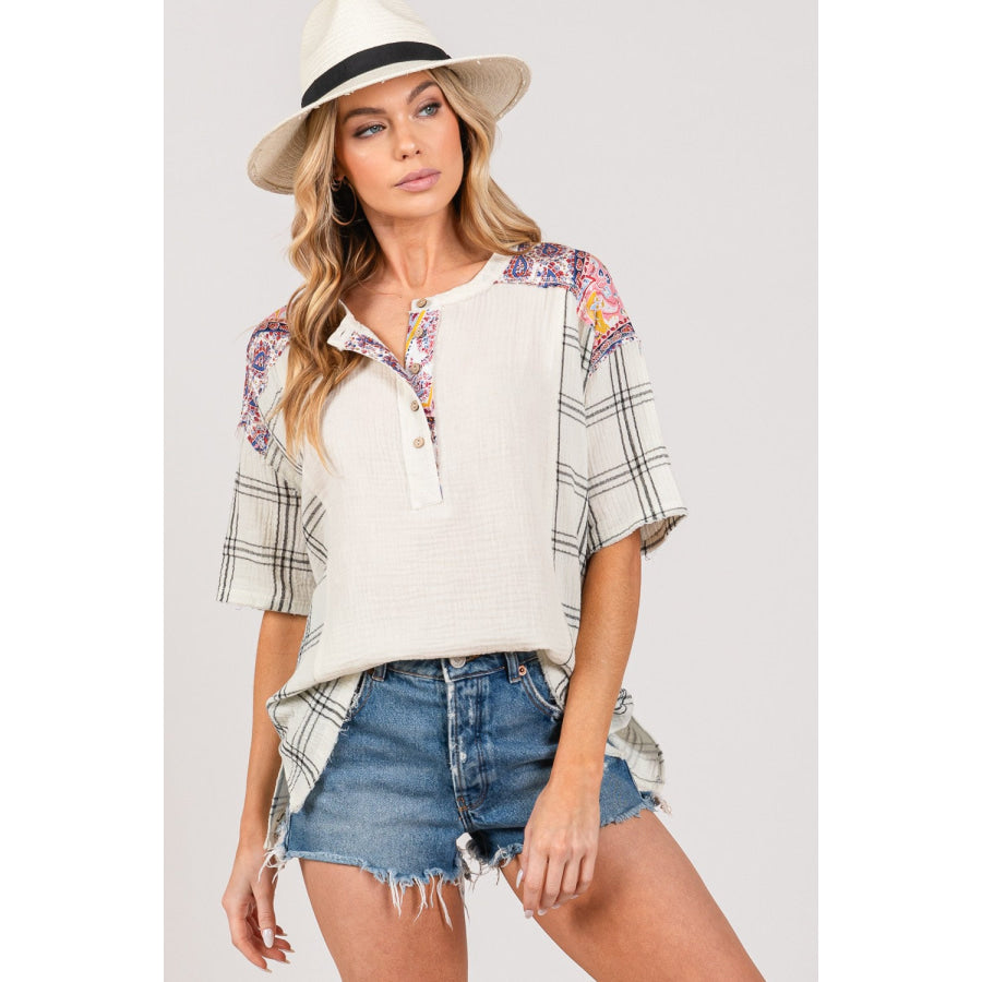 SAGE + FIG Plaid Half Button Gauze Top Apparel and Accessories