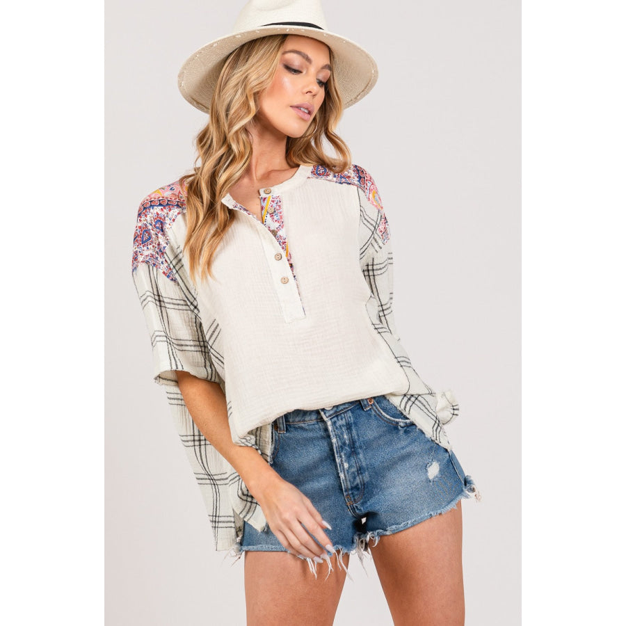 SAGE + FIG Plaid Half Button Gauze Top Apparel and Accessories