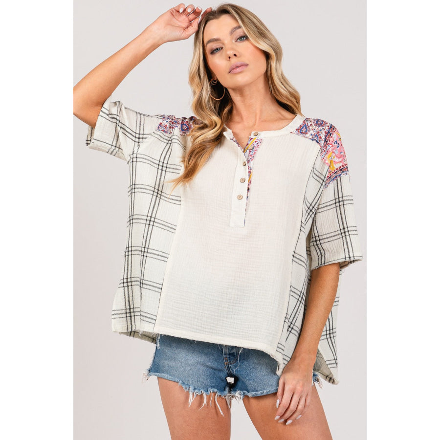 SAGE + FIG Plaid Half Button Gauze Top Apparel and Accessories