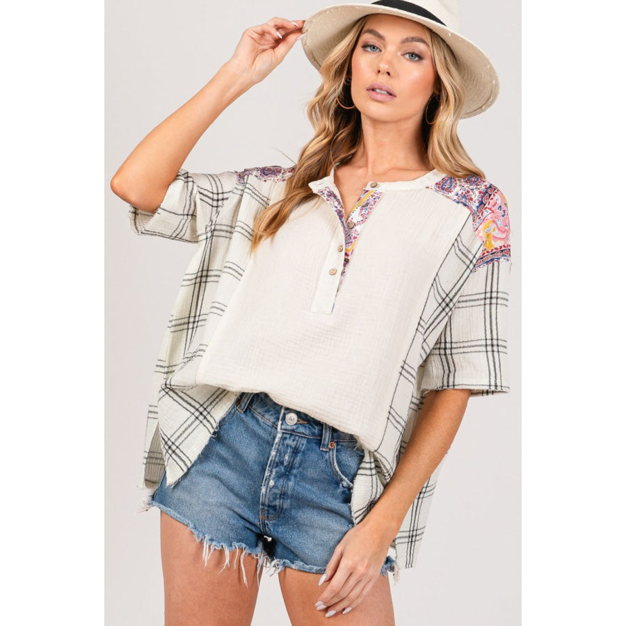 SAGE + FIG Plaid Half Button Gauze Top Ivory / S Apparel and Accessories