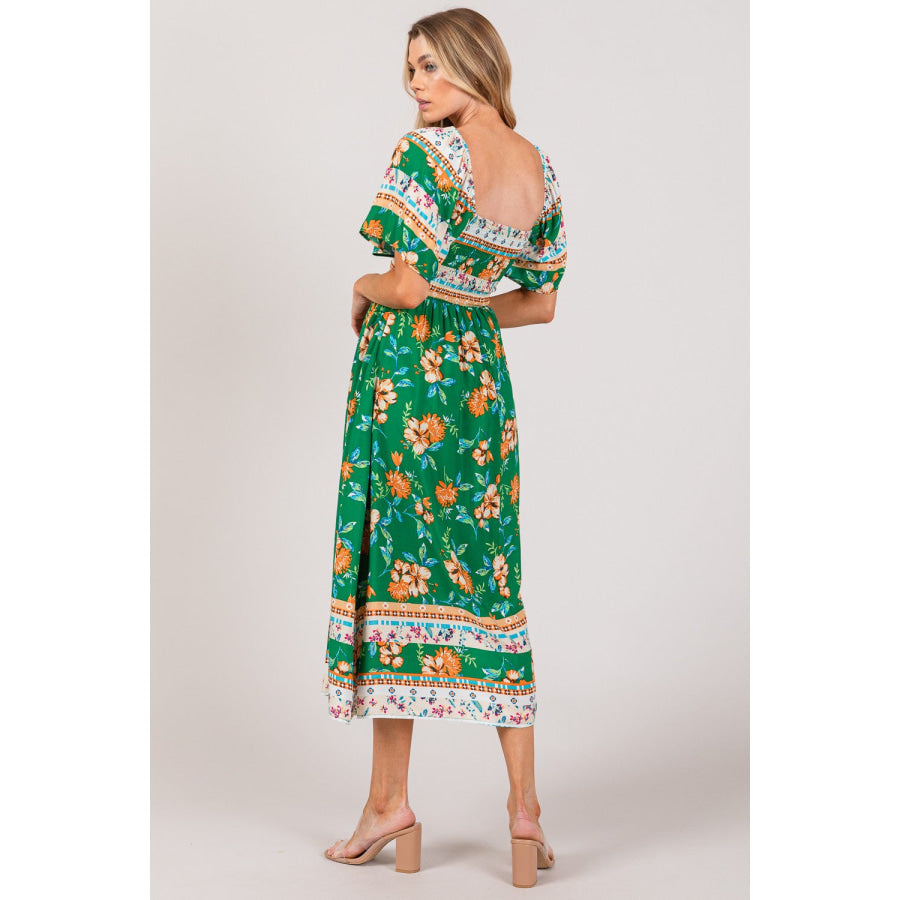 SAGE + FIG Printed Smocked Short Sleeve Midi Dress GREEN / S Apparel and Accessories