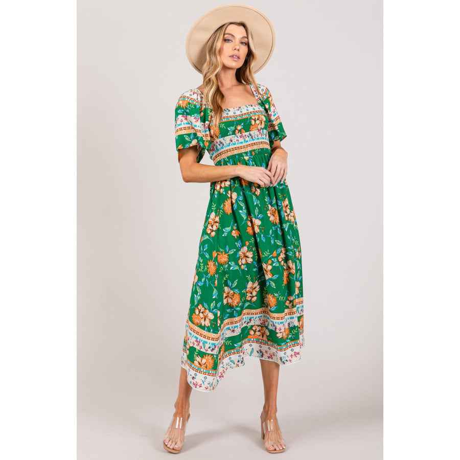 SAGE + FIG Printed Smocked Short Sleeve Midi Dress Apparel and Accessories