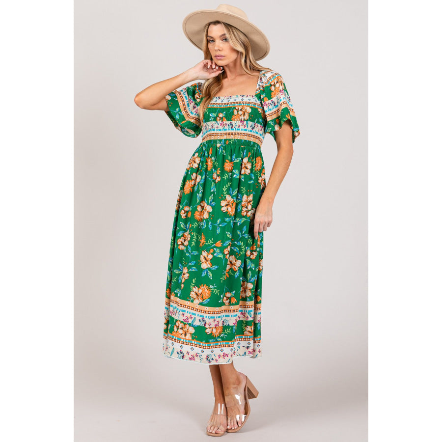 SAGE + FIG Printed Smocked Short Sleeve Midi Dress Apparel and Accessories