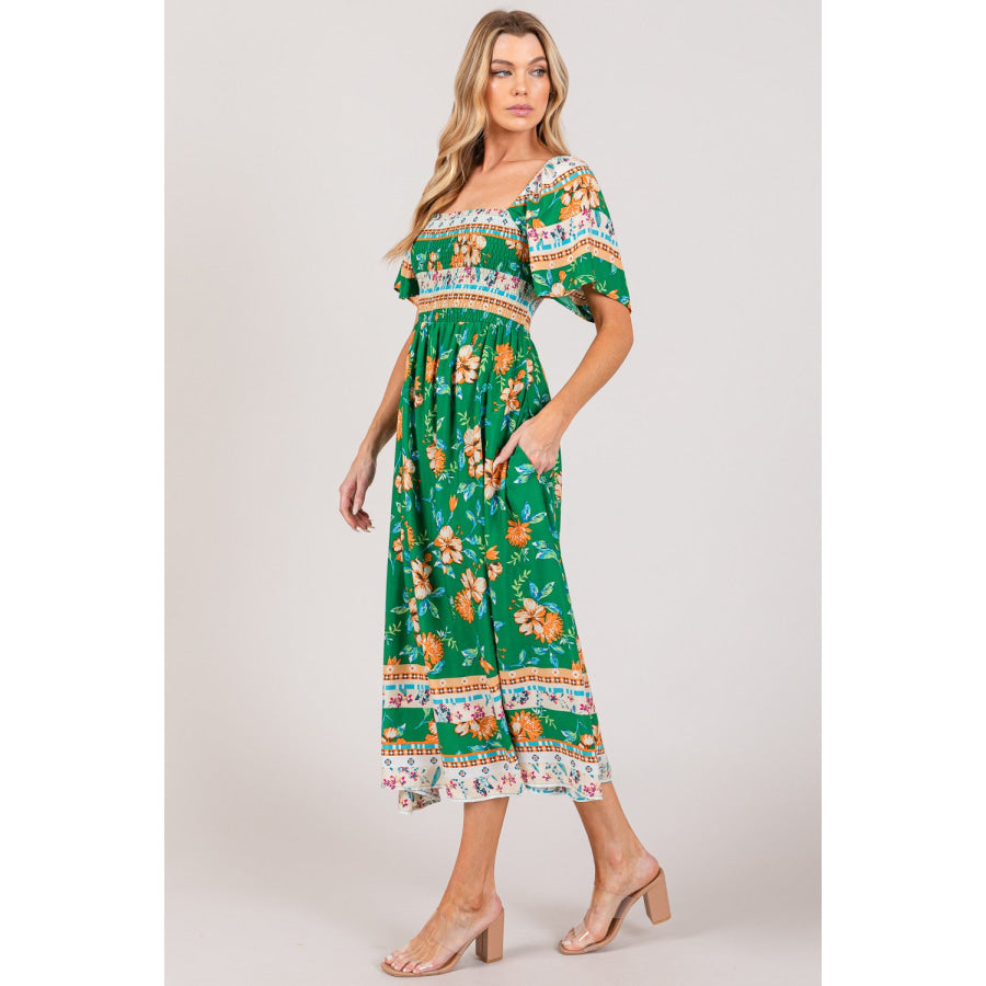 SAGE + FIG Printed Smocked Short Sleeve Midi Dress Apparel and Accessories