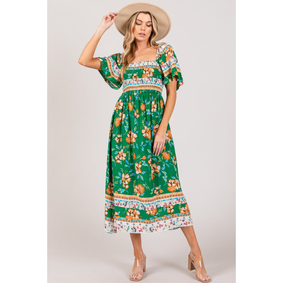 SAGE + FIG Printed Smocked Short Sleeve Midi Dress GREEN / S Apparel and Accessories