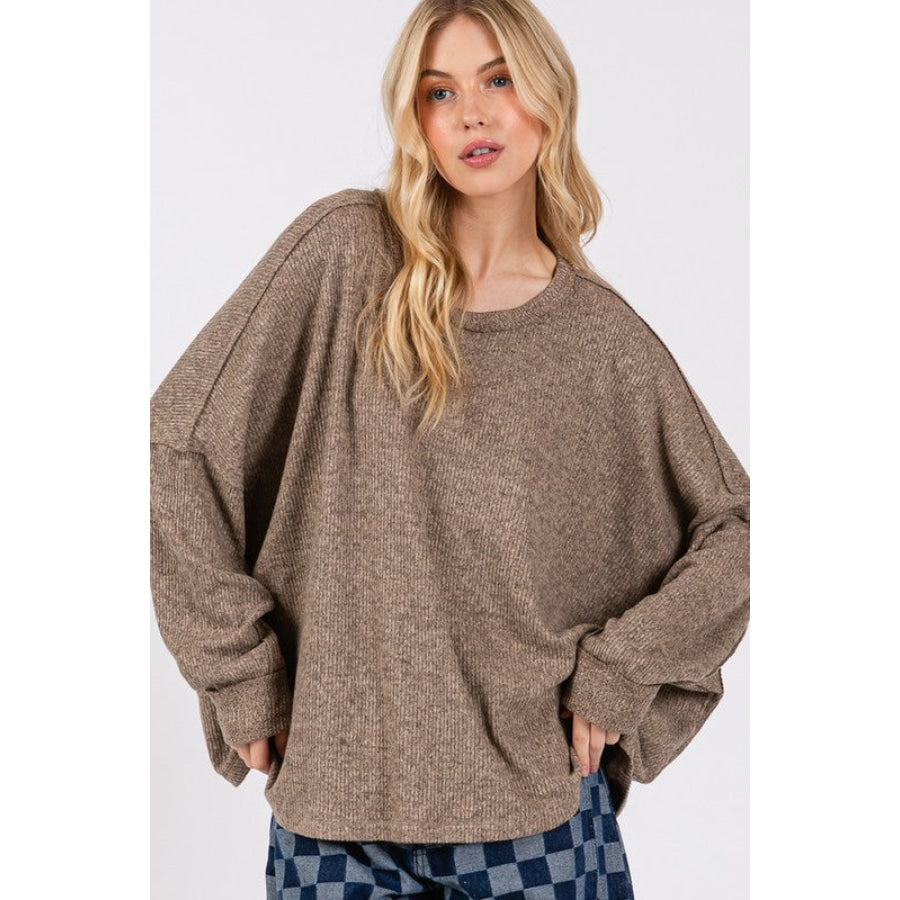 SAGE + FIG Round Neck Batwing Sleeve Oversize Top Apparel and Accessories