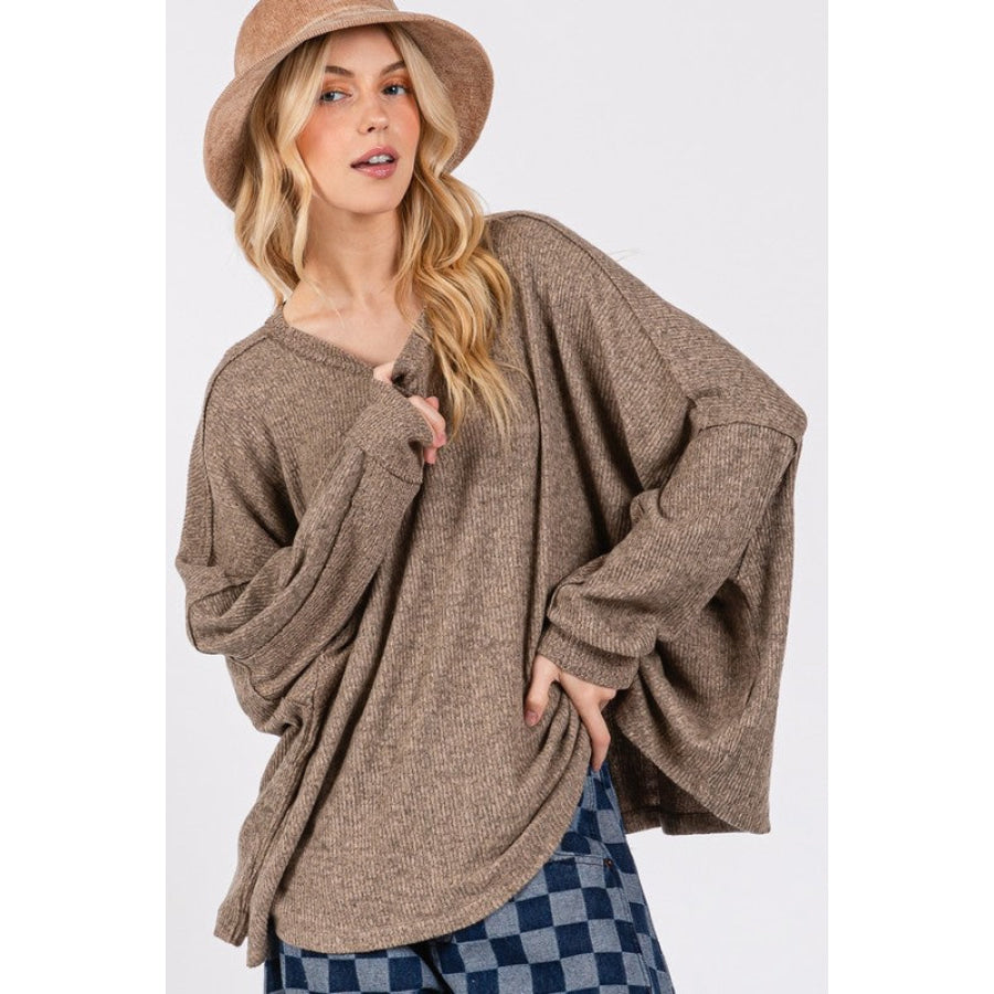 SAGE + FIG Round Neck Batwing Sleeve Oversize Top Apparel and Accessories