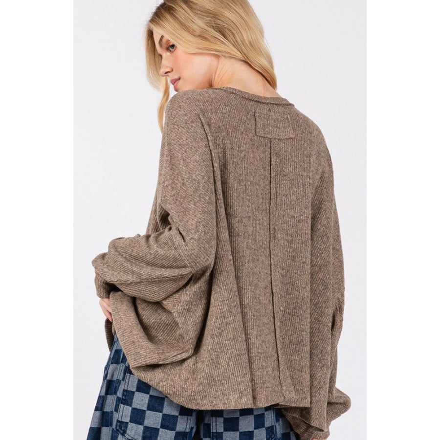 SAGE + FIG Round Neck Batwing Sleeve Oversize Top Coffee Brown / S Apparel and Accessories