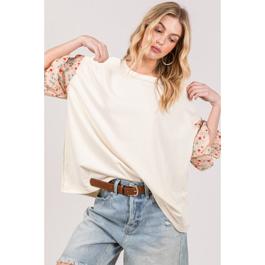 SAGE + FIG Round Neck Bubble Sleeve Oversize Top Apparel and Accessories