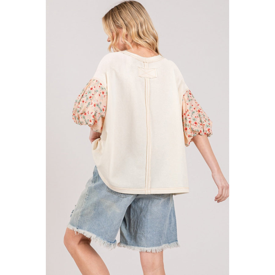 SAGE + FIG Round Neck Bubble Sleeve Oversize Top Apparel and Accessories