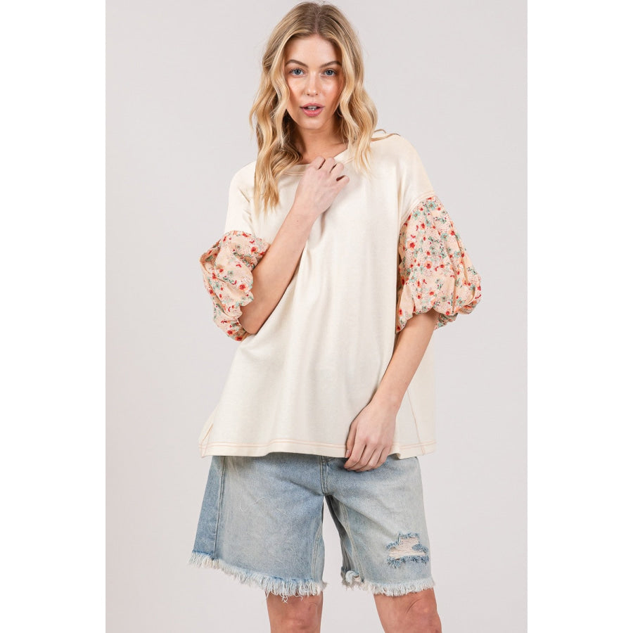 SAGE + FIG Round Neck Bubble Sleeve Oversize Top Apparel and Accessories