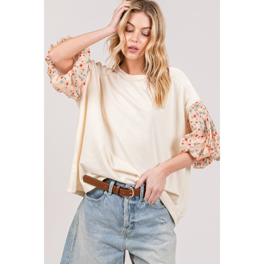 SAGE + FIG Round Neck Bubble Sleeve Oversize Top Ivory / S Apparel and Accessories